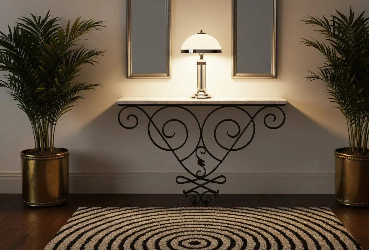 Duas consoles antigas com design elegante, plantas e lâmpada