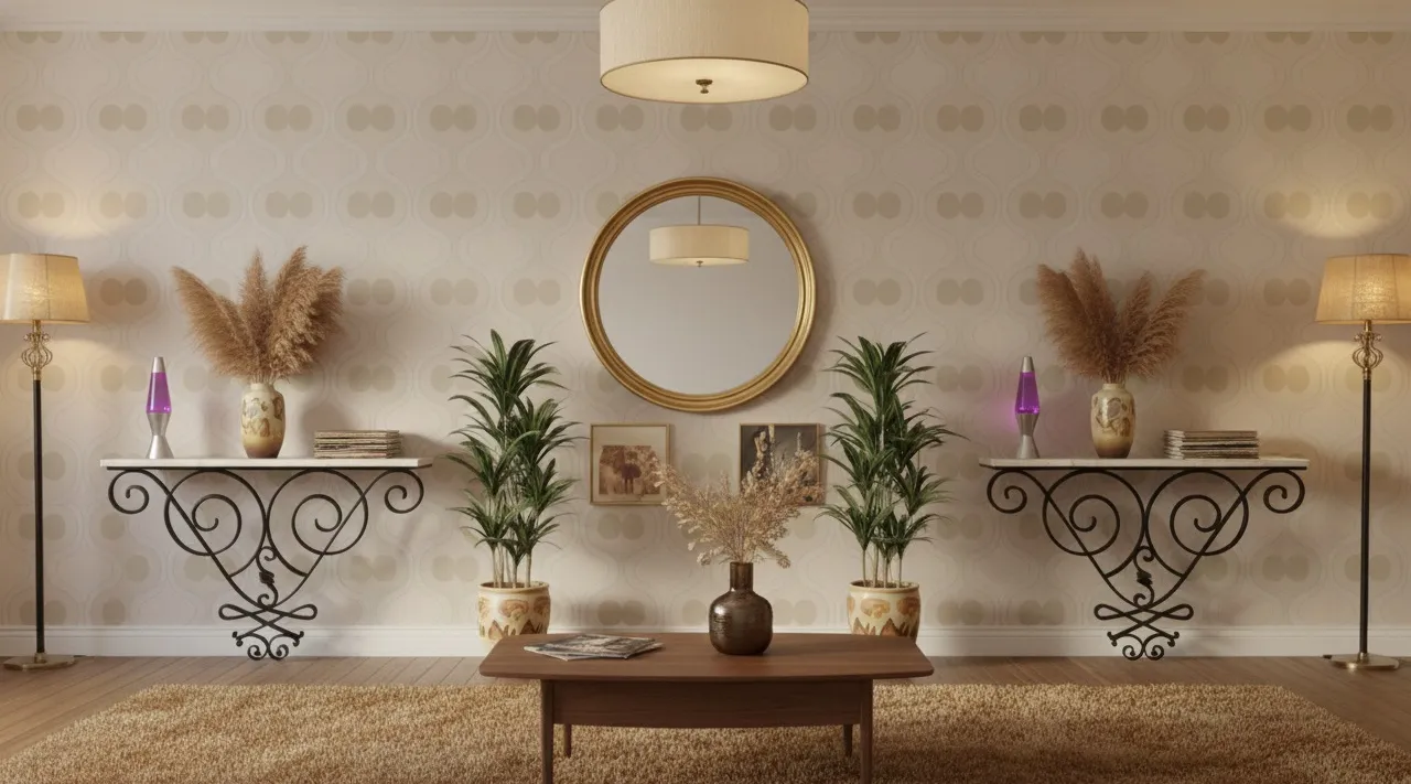 two antique consoles in a decorative setting with plants