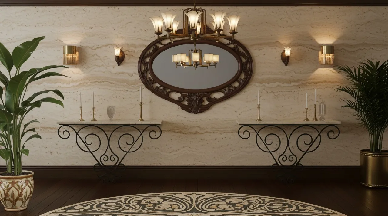 Two elegant antique consoles in a cozy setting.