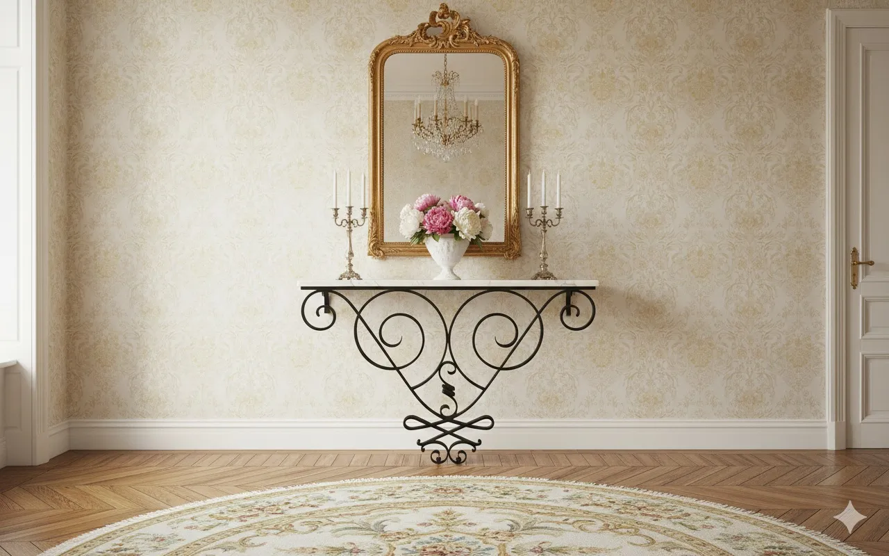 Vistas de 2 consoles antigas com flores, candelabros