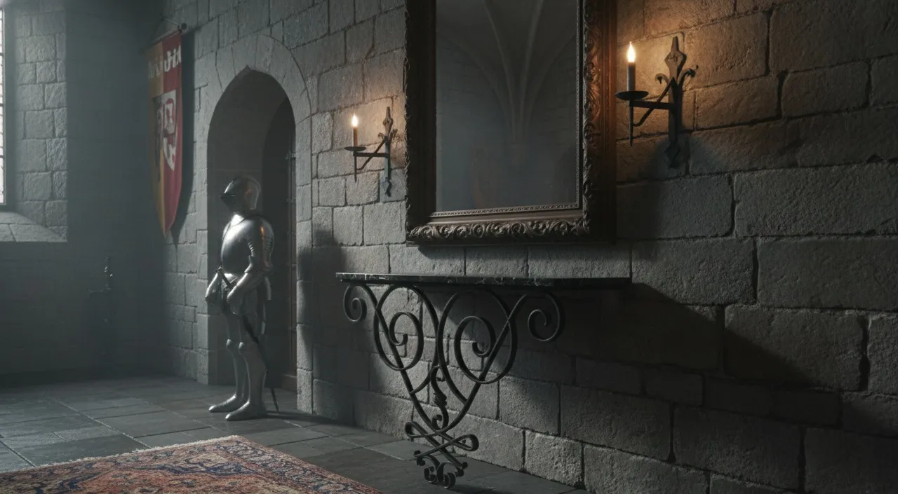 two antique consoles in a medieval setting with torches