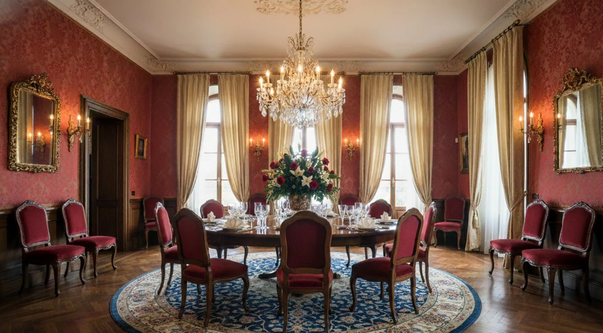 Antique dining table surrounded by red chairs in an elegant dining room