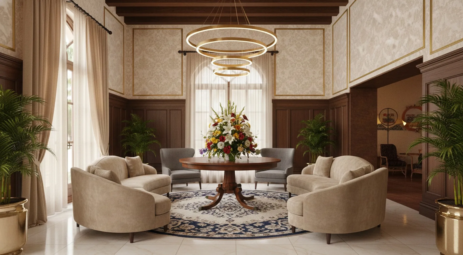 Antique dining table with flowers in a cozy environment