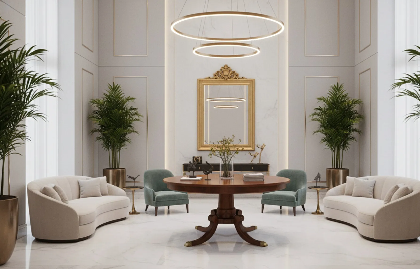 고전적인 식탁이 세련된 환경에서 녹색 의자 및 식물과 함께 있습니다.