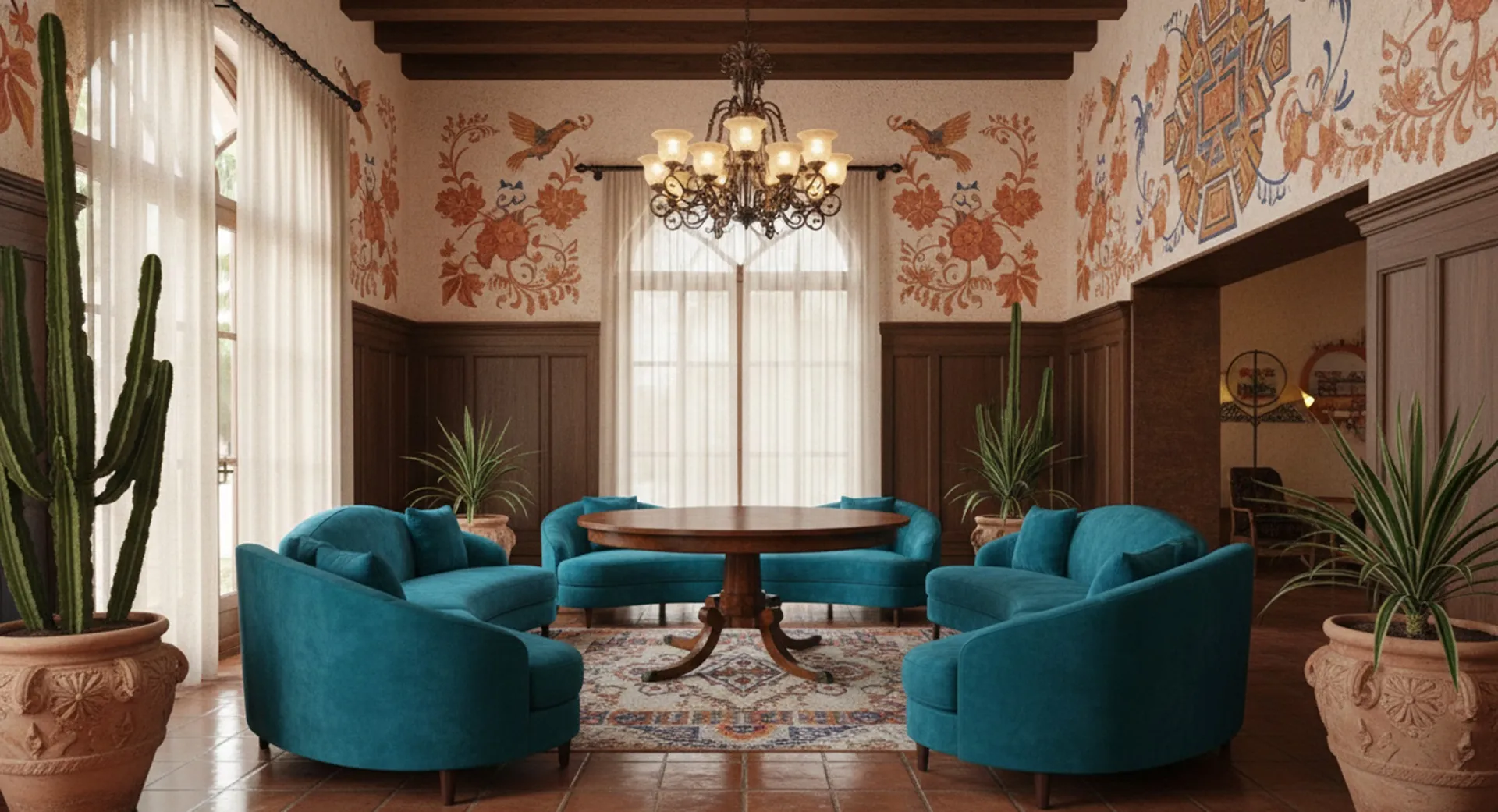 mesa de comedor antigua con sillas azules en ambiente acogedor