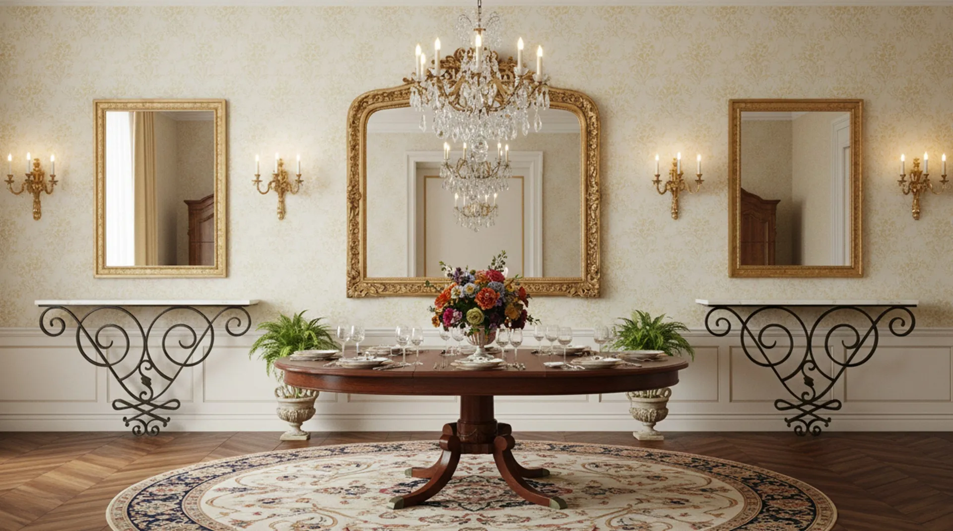 antique round dining table with flowers and glasses