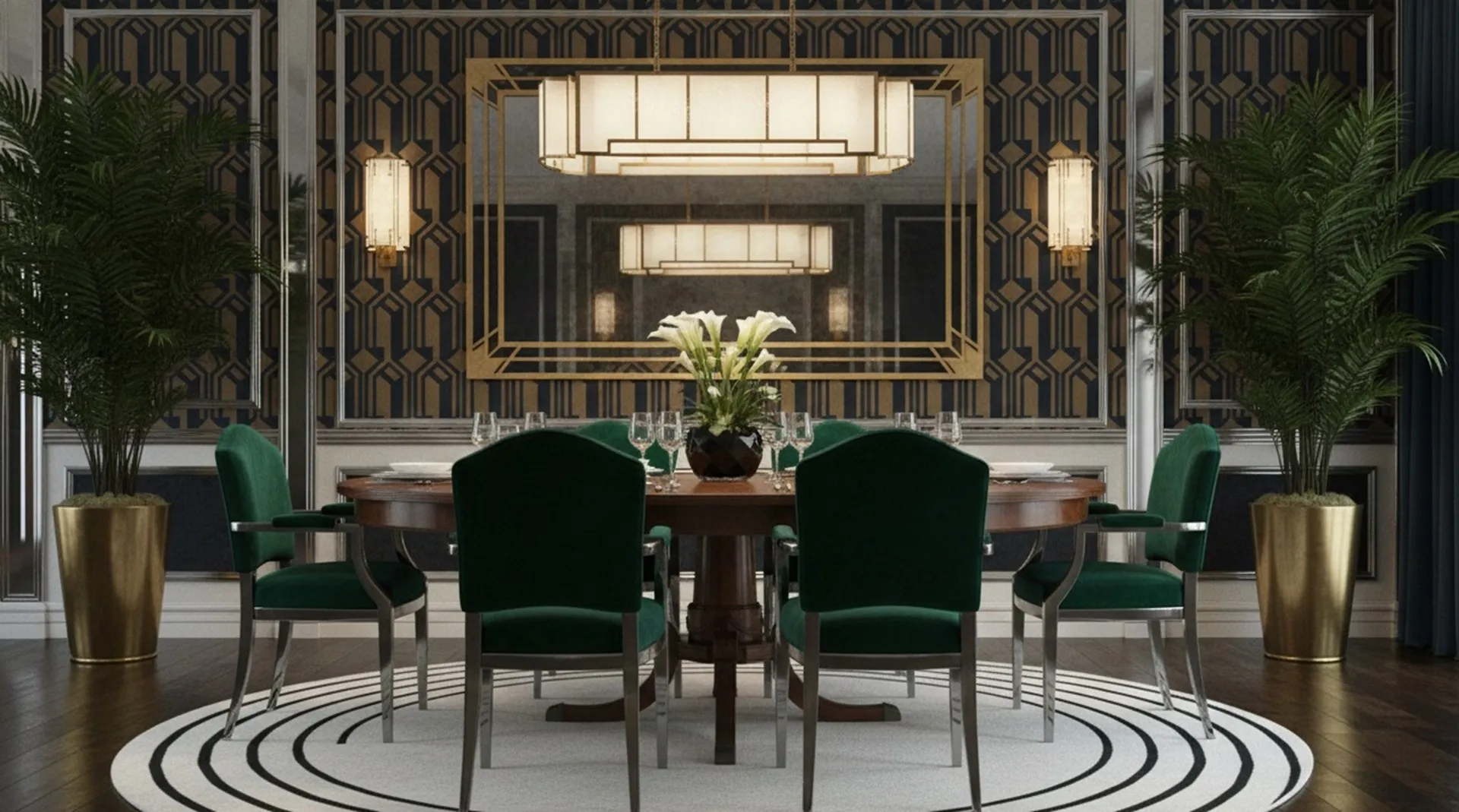 antiker Esstisch mit grünen Stühlen in elegantem Ambiente