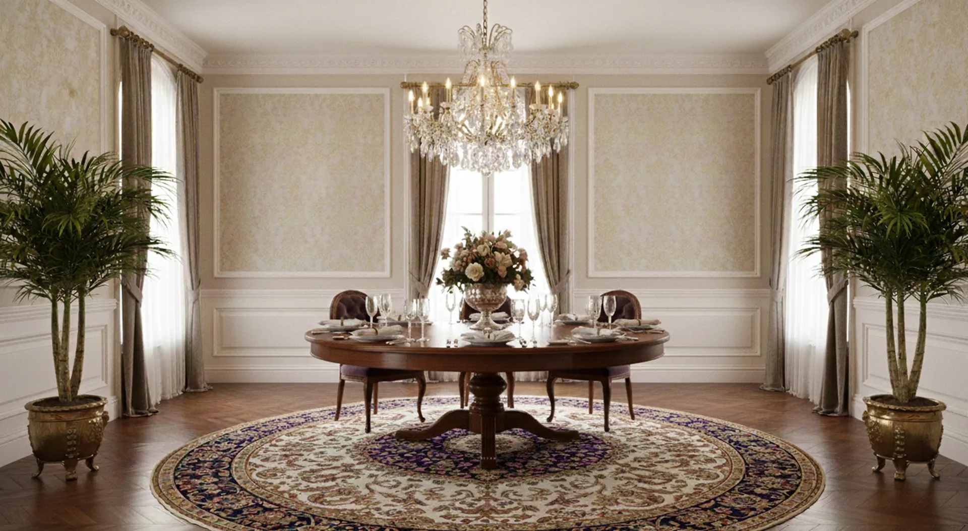 Table à manger antique, convenant pour 8-6 personnes, élégamment présentée dans un environnement classique.