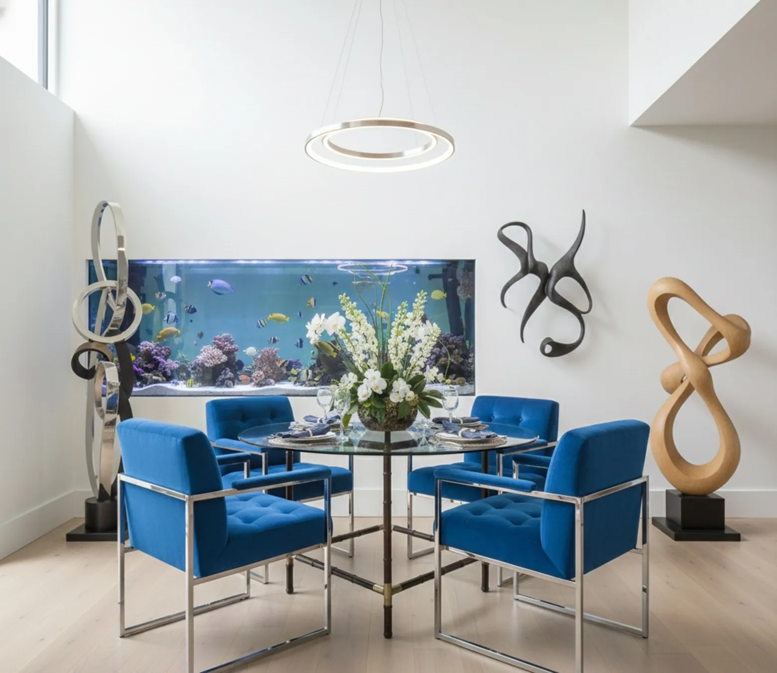 mesa de comedor antigua para cuatro personas con sillas azules y decoracion floral, ambiente moderno