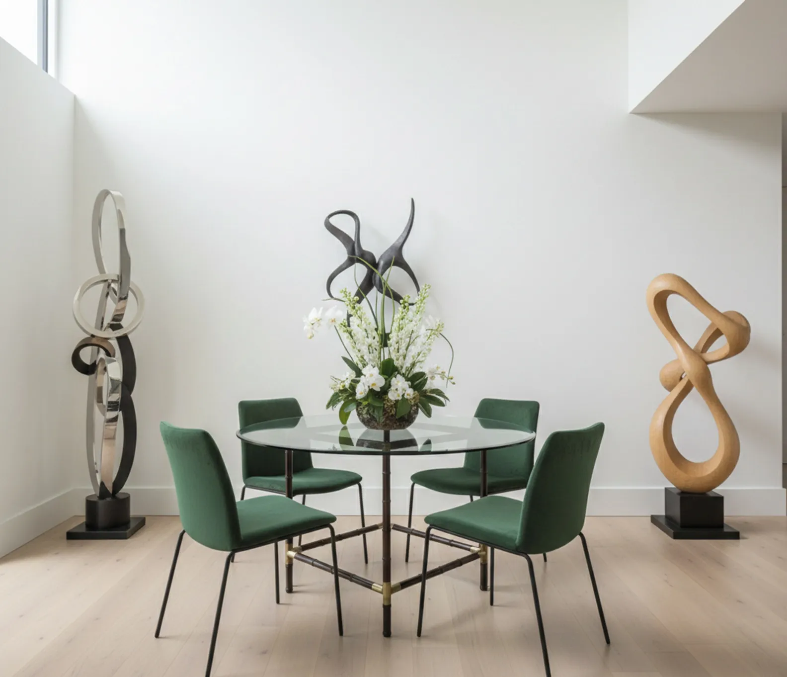 Mesa de jantar antiga com cadeiras verdes em ambiente moderno.