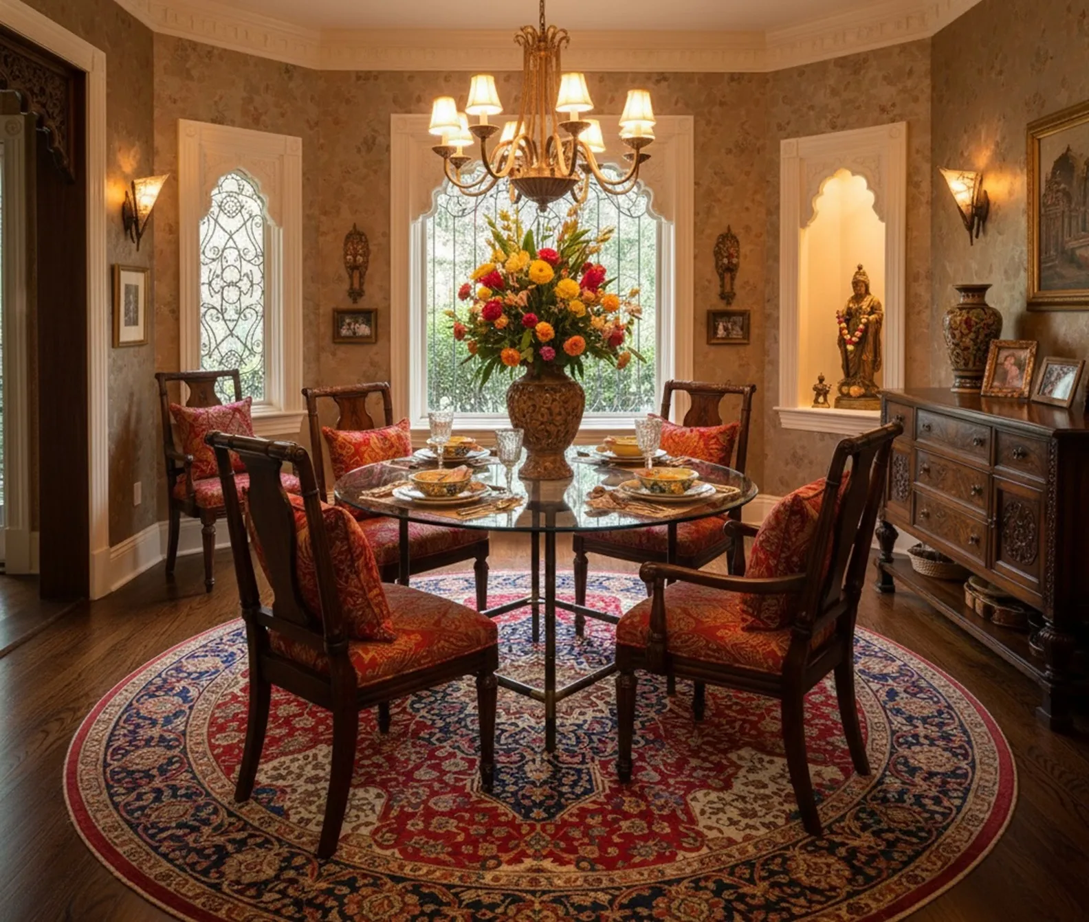 Mesa de jantar antiga com cadeiras ornamentadas em um ambiente elegante.