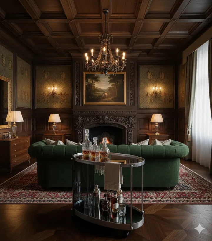 Carrello per cocktail antico in una stanza elegante con decorazione classica