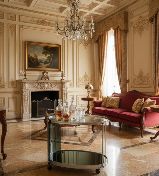 Carrello per cocktail antico con bottiglie in un ambiente elegante.