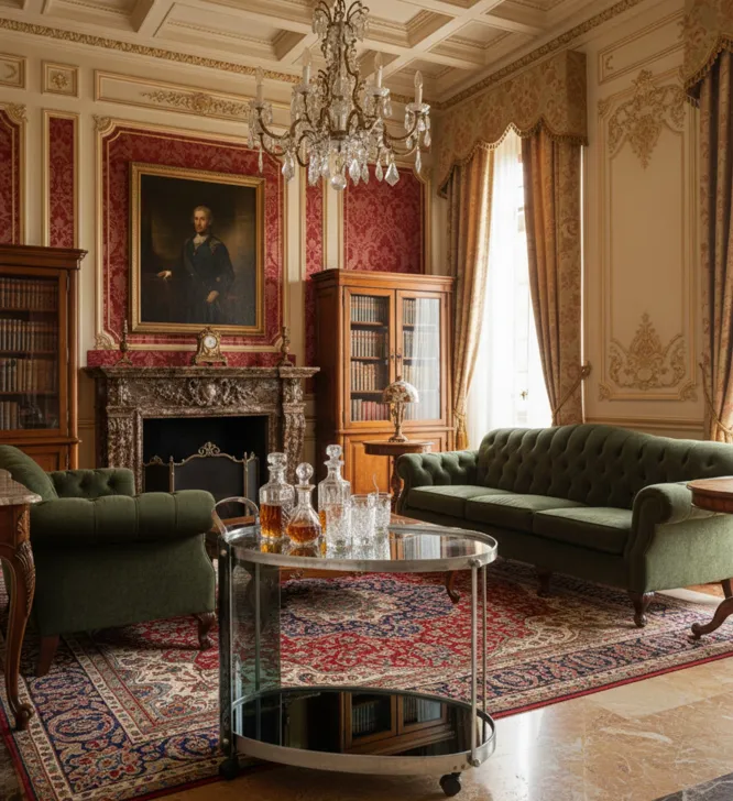 carrello per cocktail antico con dettagli eleganti, decorazioni classiche attorno.