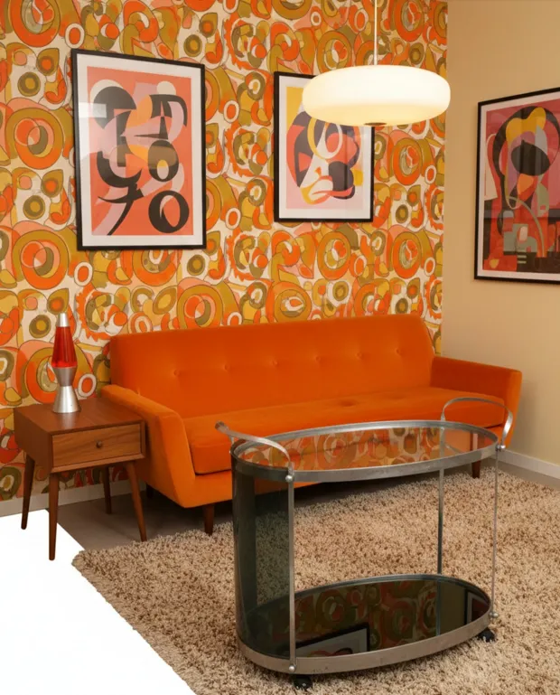 vintage cocktail trolley with retro design, 1960s, in modern living room