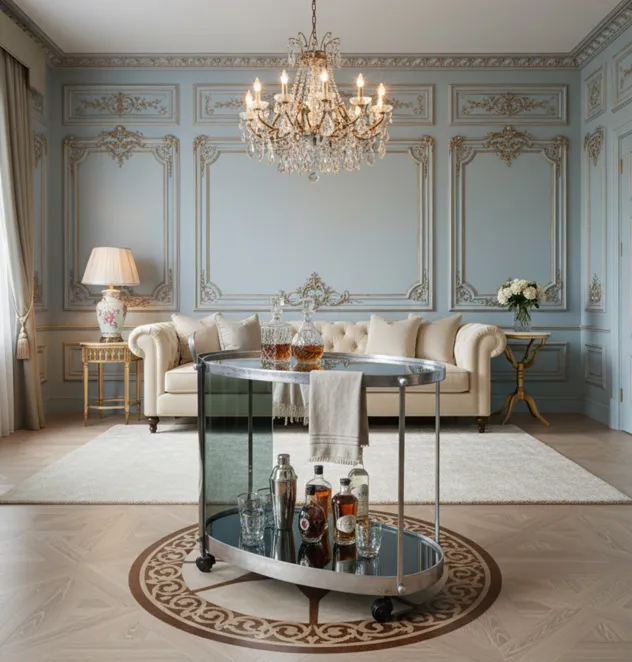 carrello per cocktail antico con bottiglie, decorazione elegante