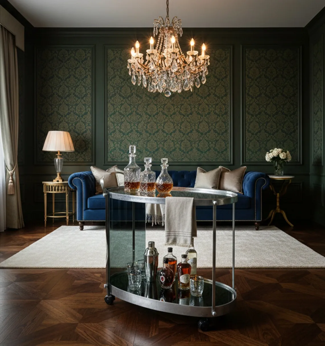 carrello per cocktail con bottiglie decorative in un ambiente elegante