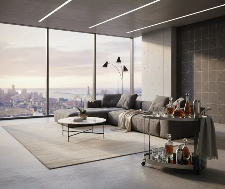 Antiker cocktailwagen mit Gläsern und Flaschen in modernem Ambiente.