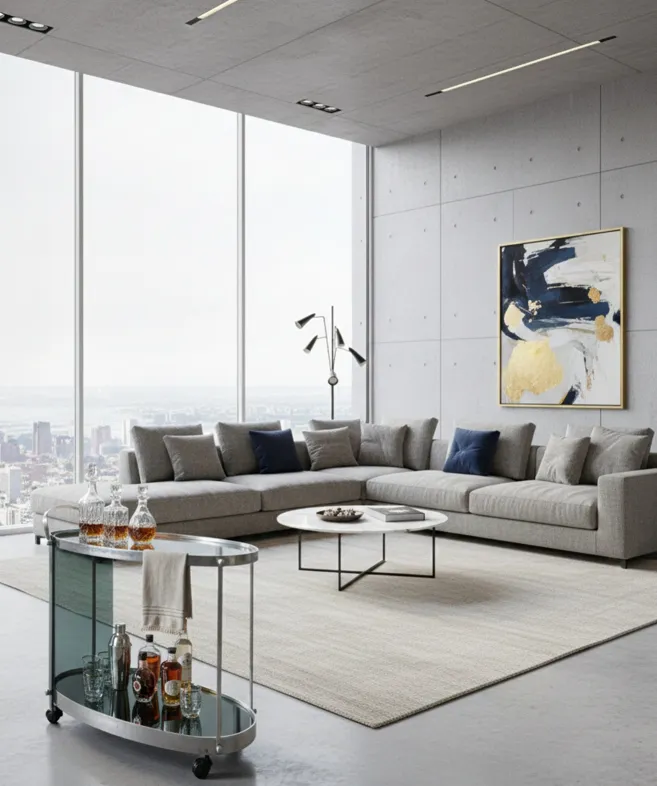 عربة بار قديمة من الستينيات مزينة بالنظارات والزجاجات في غرفة معيشة عصرية.