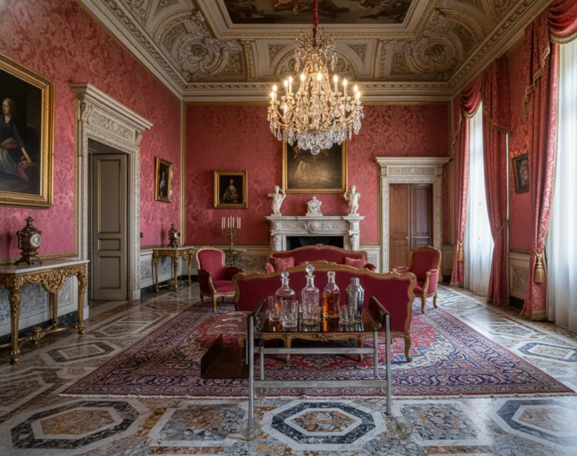 Античная тележка для коктейлей с бутылками в элегантной обстановке