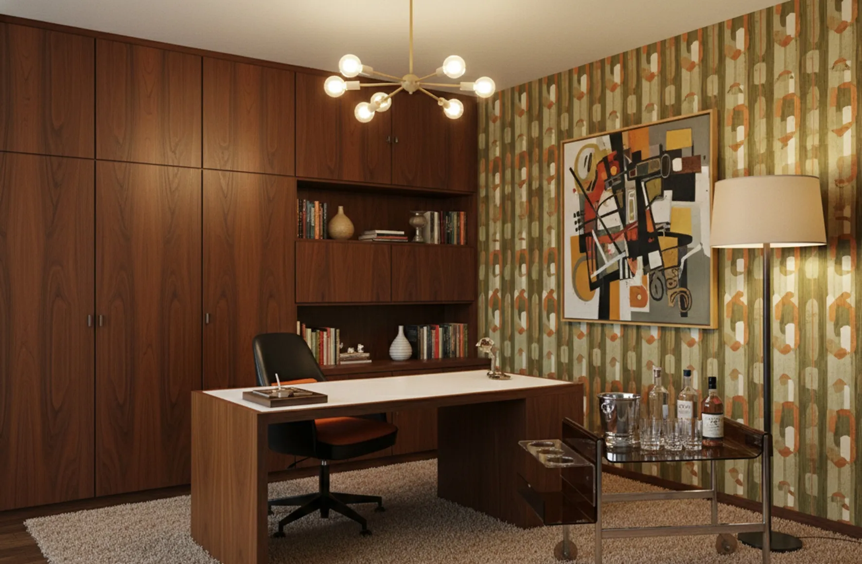 1960 के दशक की पुरानी कॉकटेल ट्रॉली जिसमें बोतलें और ग्लास हैं