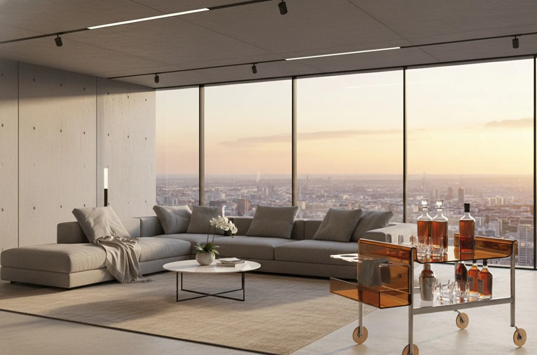 Mesas-carrinho antiga dos anos 60, com garrafas e taças em um ambiente sofisticado.