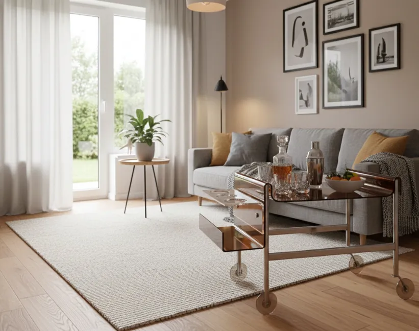 60年代のアンティークバーカートが現代のリビングルームに