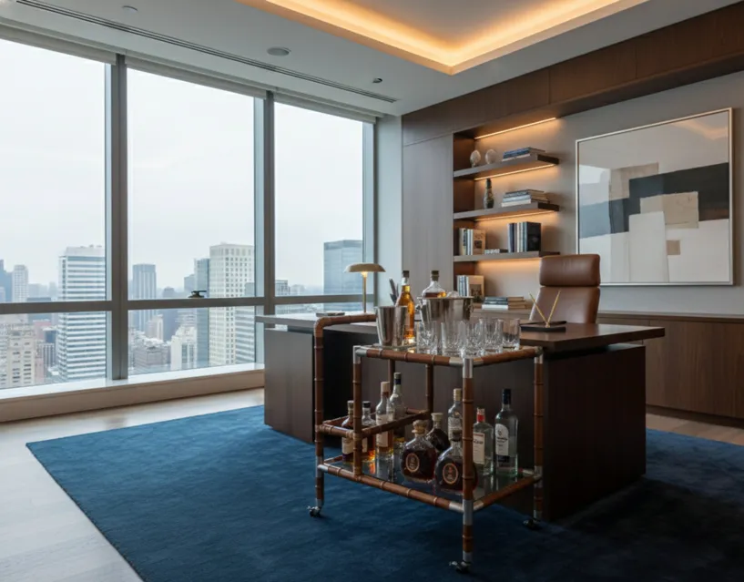 Chariot-bar ancien dans un bureau moderne avec des boissons