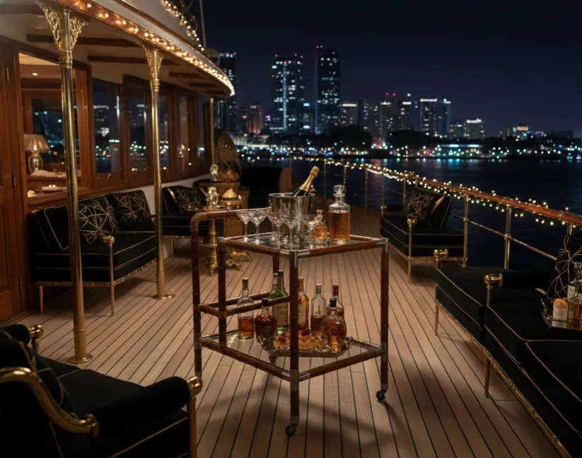 عربة بار قديمة مع مشروبات في بيئة أنيقة