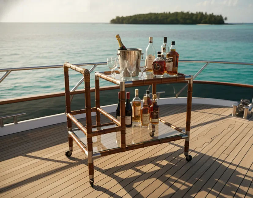 antique cocktail trolley with bottles on a yacht