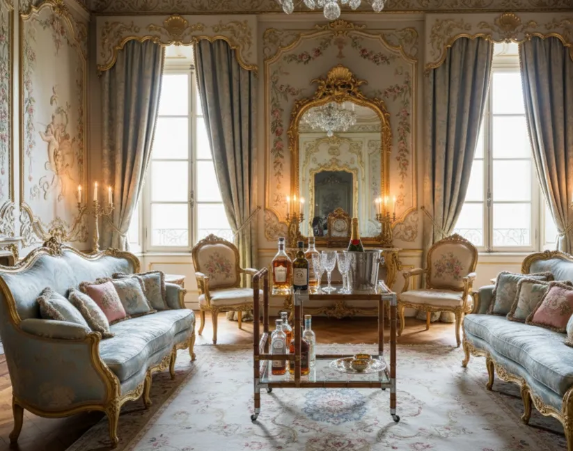 Antiker Cocktailwagen in einem eleganten Wohnzimmer mit Stühlen und Spiegeln.