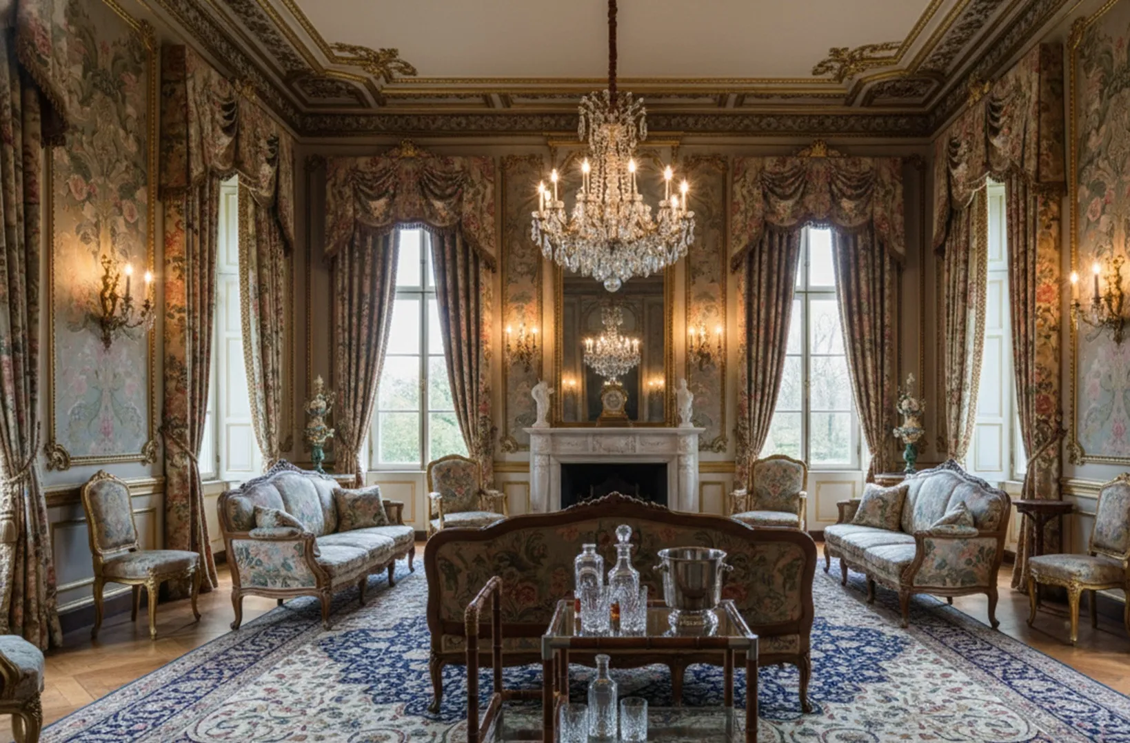 antiker cocktailwagen in einem eleganten wohnzimmer mit kronleuchtern