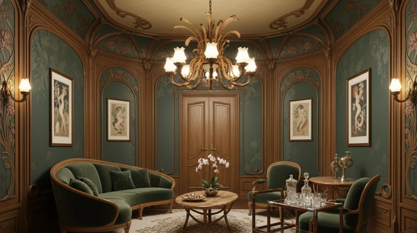 एक प्राचीन कॉकटेल ट्रॉली एक सुरुचिपूर्ण वातावरण में हरे सोफे के साथ