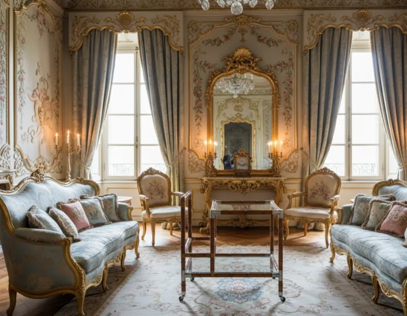 Carrello per cocktail antico in una stanza elegante con decorazione floreale.