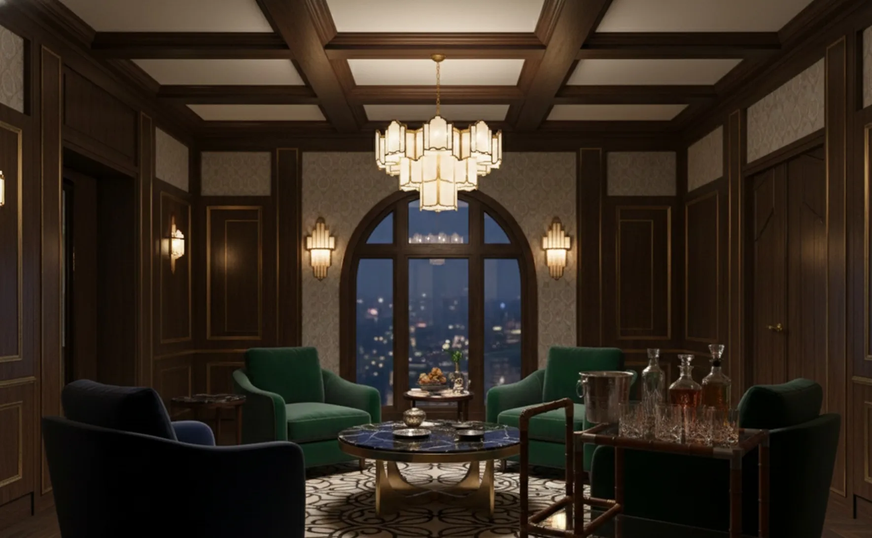 antique cocktail trolley with bar elements and elegant ambiance, city view