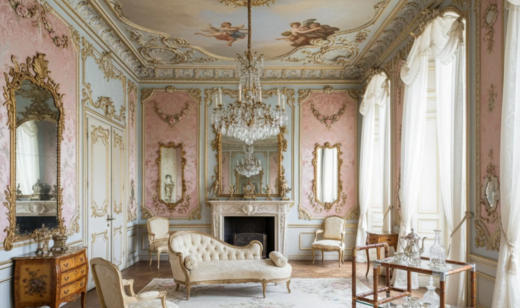 carrello per cocktail antico con elementi decorativi in un elegante soggiorno