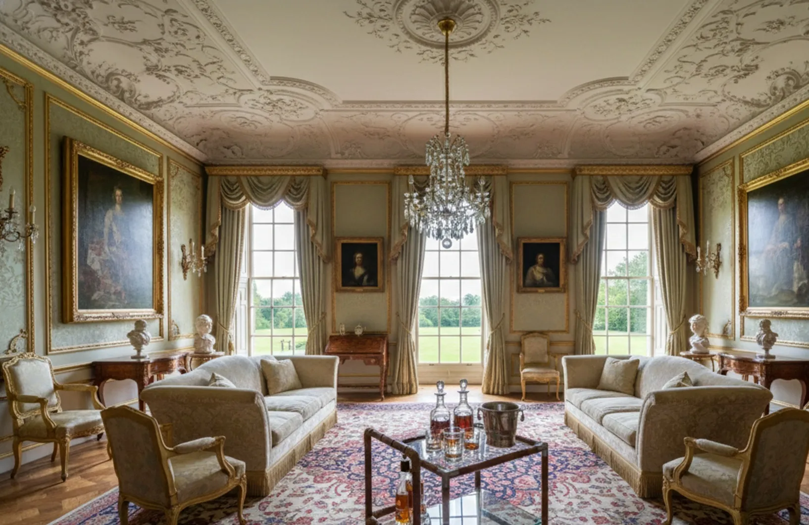 Mesa carrito antigua de estilo clásico con copas y decoración elegante en un ambiente lujoso