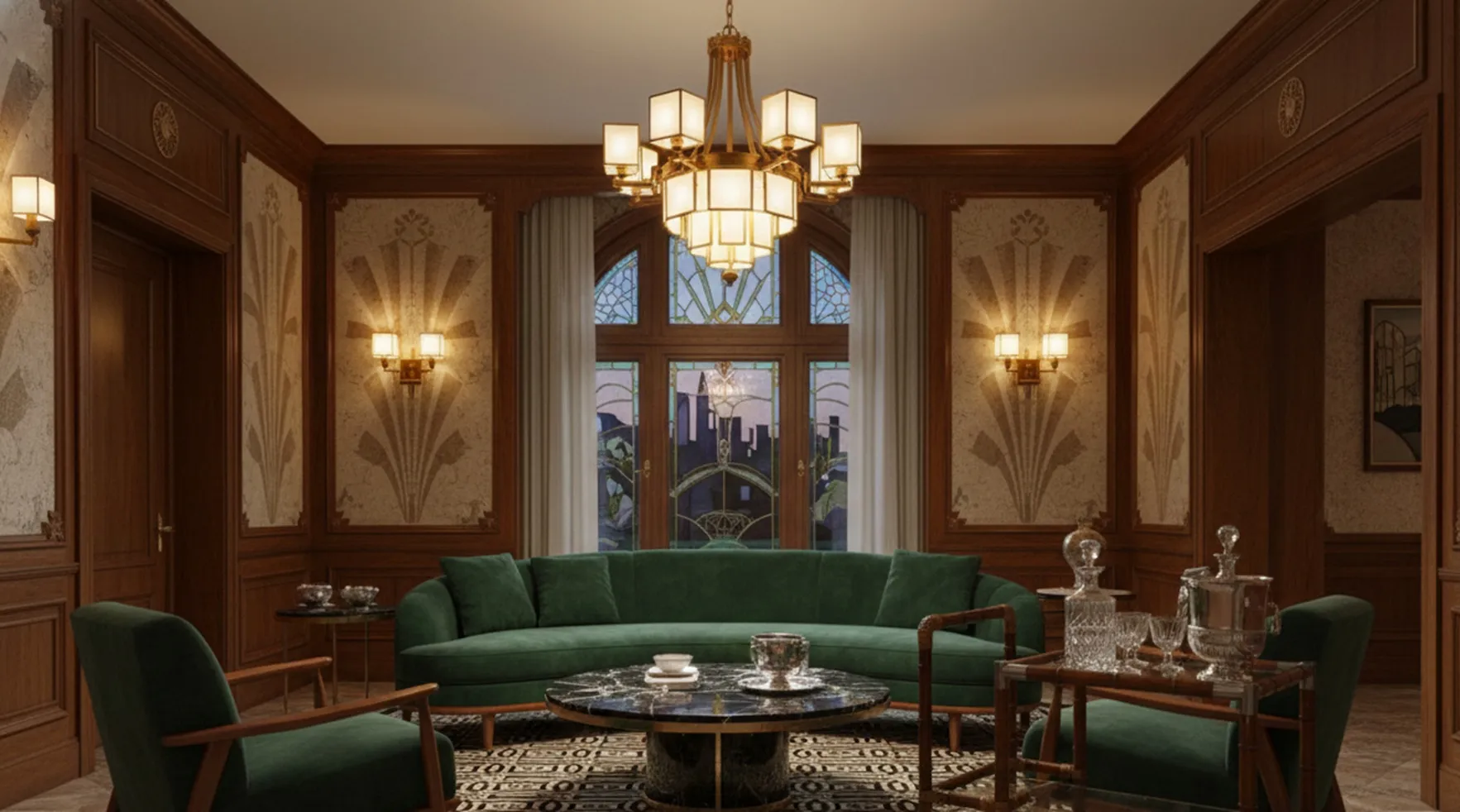 ウィリアム・ビリー・ヘインズスタイルのアンティークバーカート、緑の椅子と壁ランプのあるエレガントな室内に置かれています。