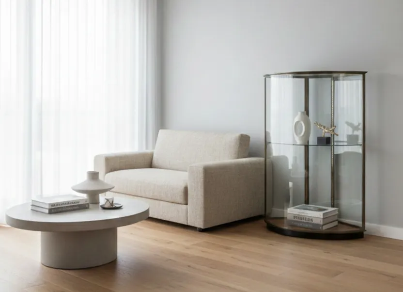 2 vitrines antigas art deco com iluminação suave