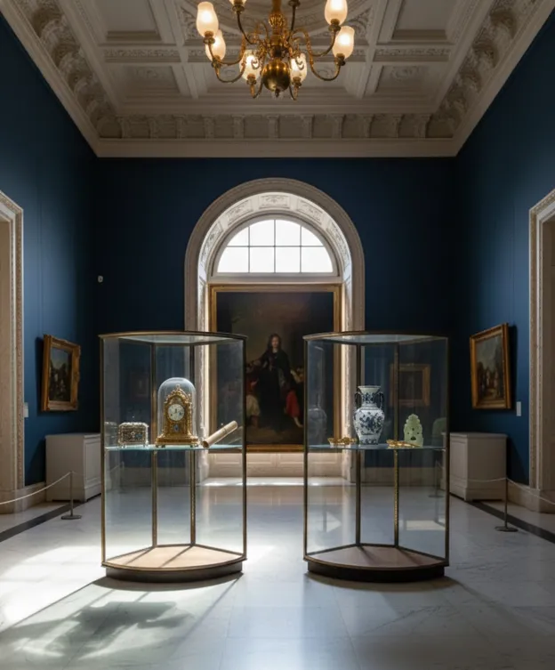 deux vitrines anciennes art deco dans un musée avec une décoration classique