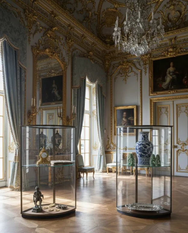 antike vitrinen mit sanfter beleuchtung und sammelstücken