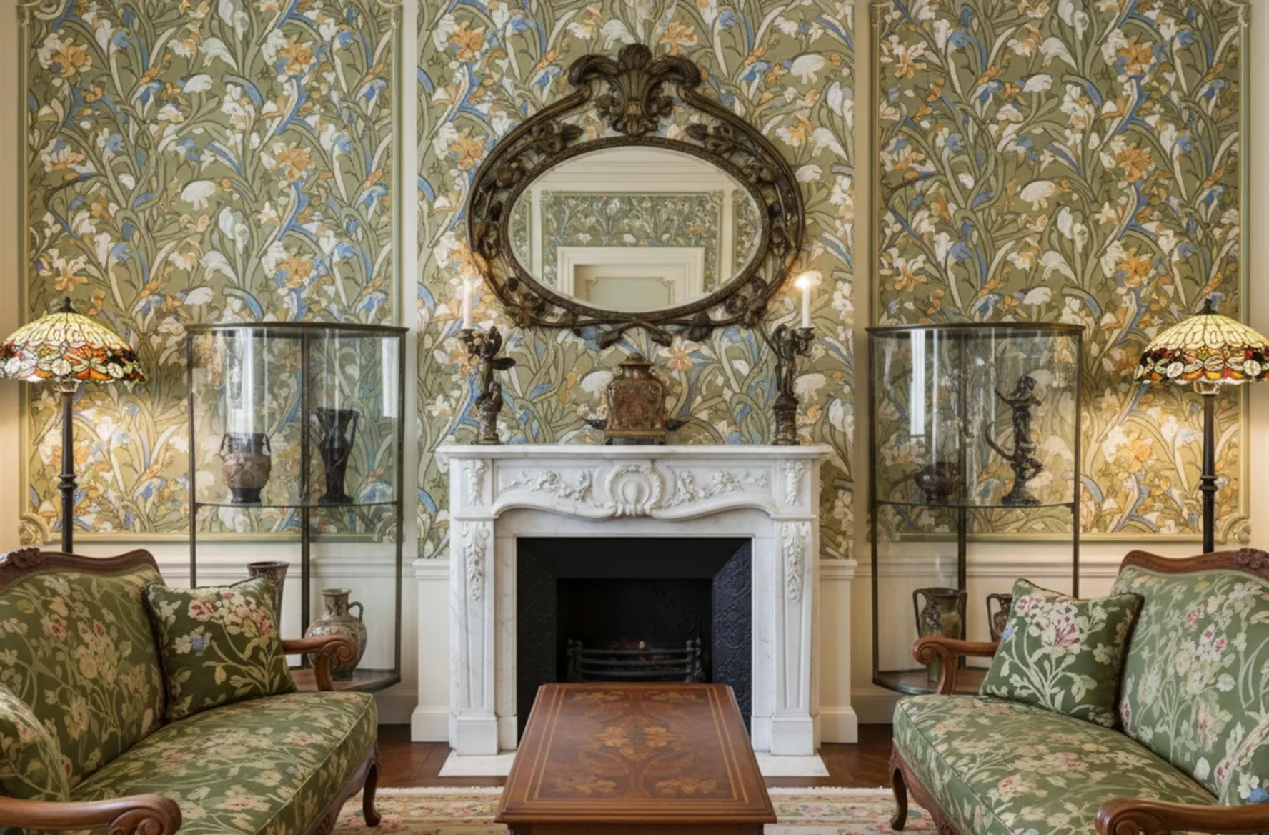 Deux vitrines anciennes art deco dans un cadre élégant avec un miroir et des lampes