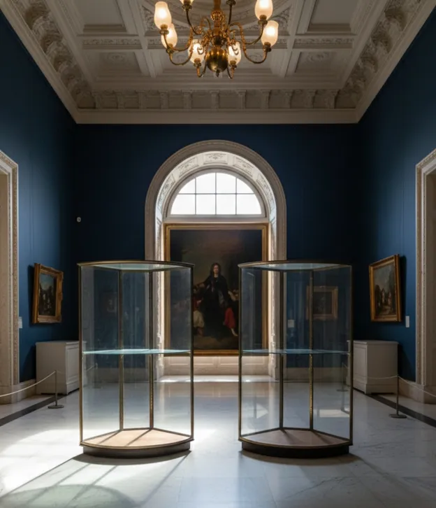 二つのアンティーク陳列ケース アールデコと絵画、金色のシャンデリアがある部屋。