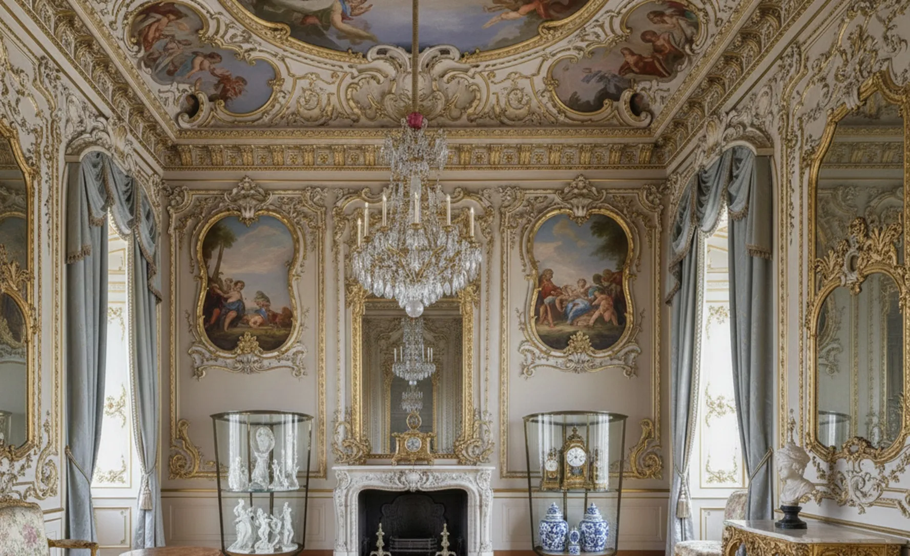 deux vitrines anciennes art deco dans une pièce élégante exposant des objets décoratifs