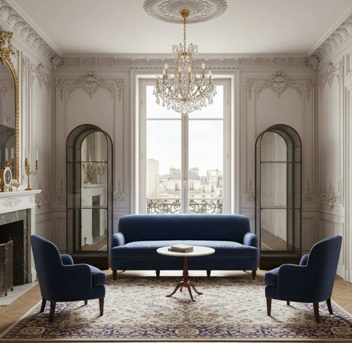 Duas vitrines antigas em uma sala elegante com sofá azul e mesa branca