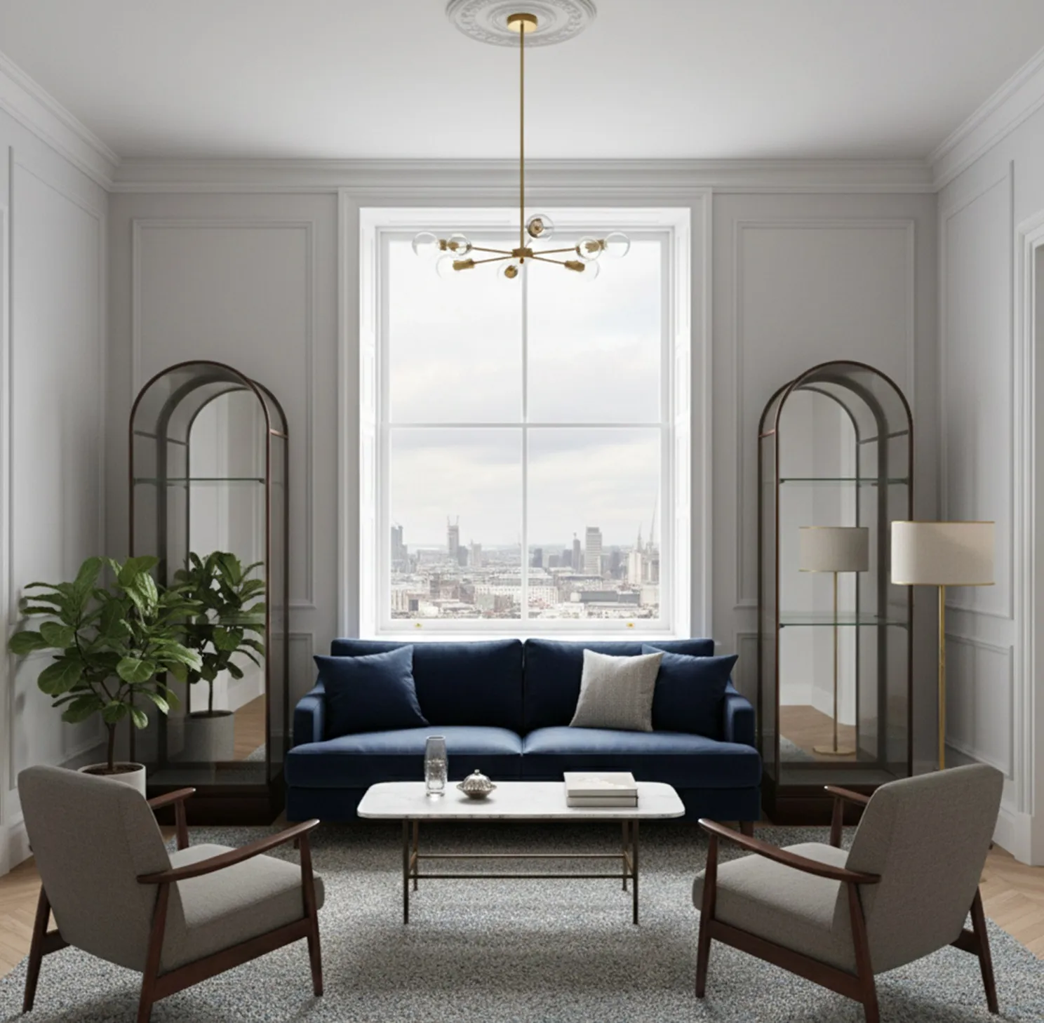 Vitrines antigas de vidro em uma sala moderna com sofá azul