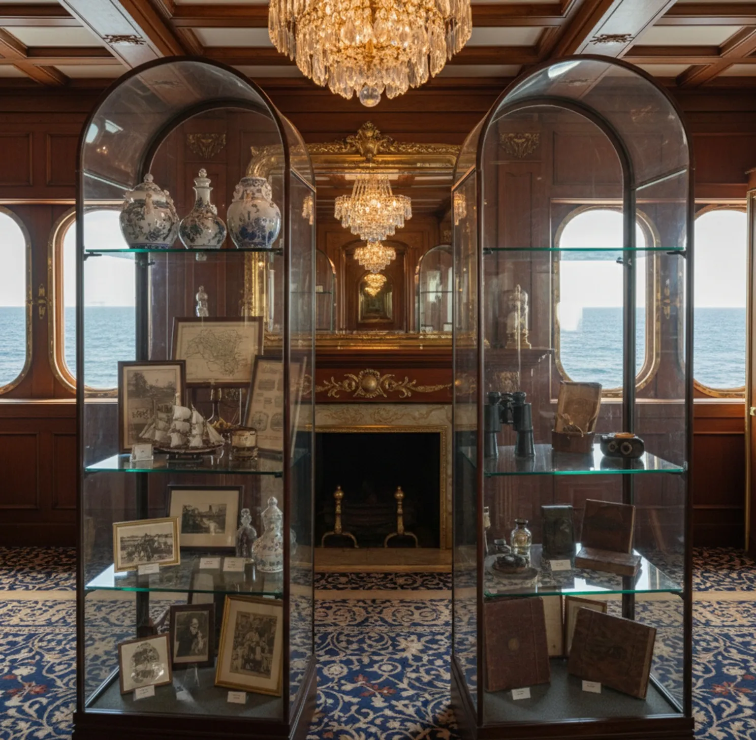 Vitrines antigas em um ambiente elegante com itens decorativos