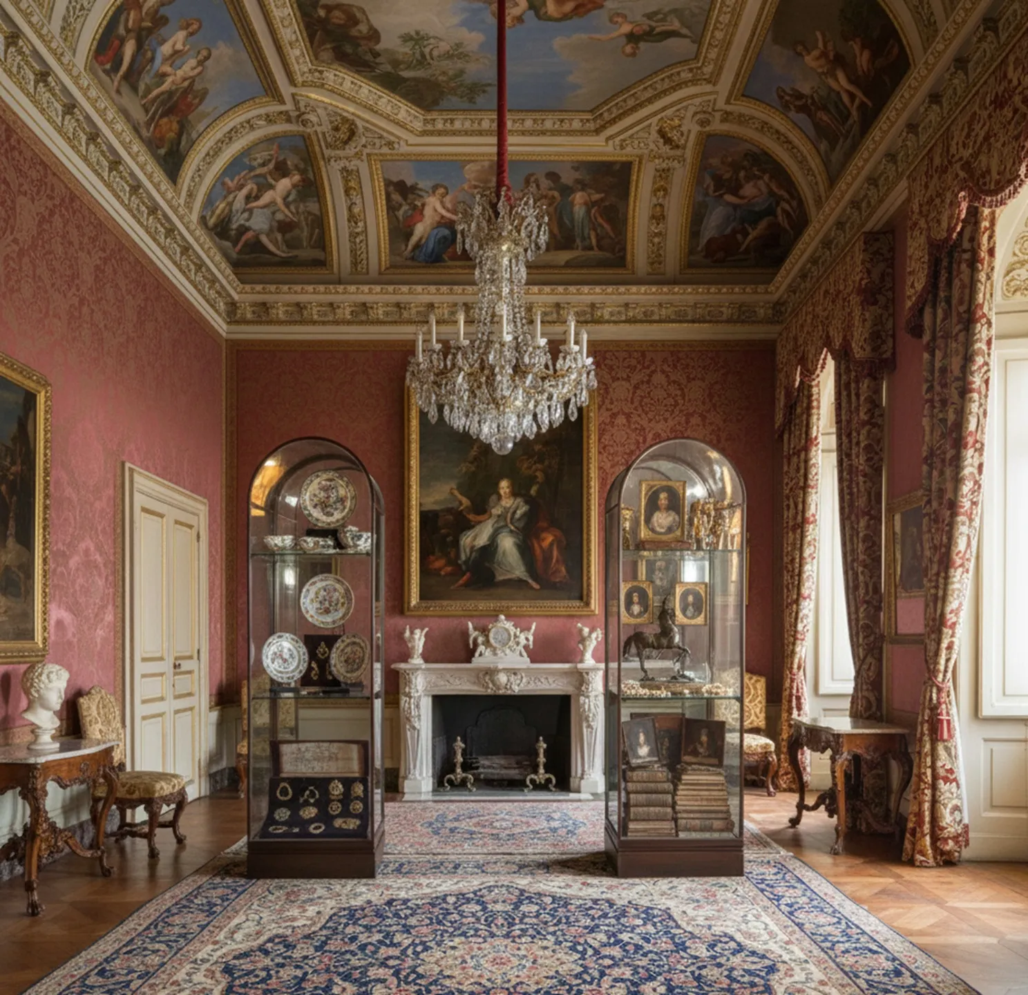 Due vetrine antiche con dettagli decorativi in un ambiente lussuoso con mobili eleganti e un lampadario.