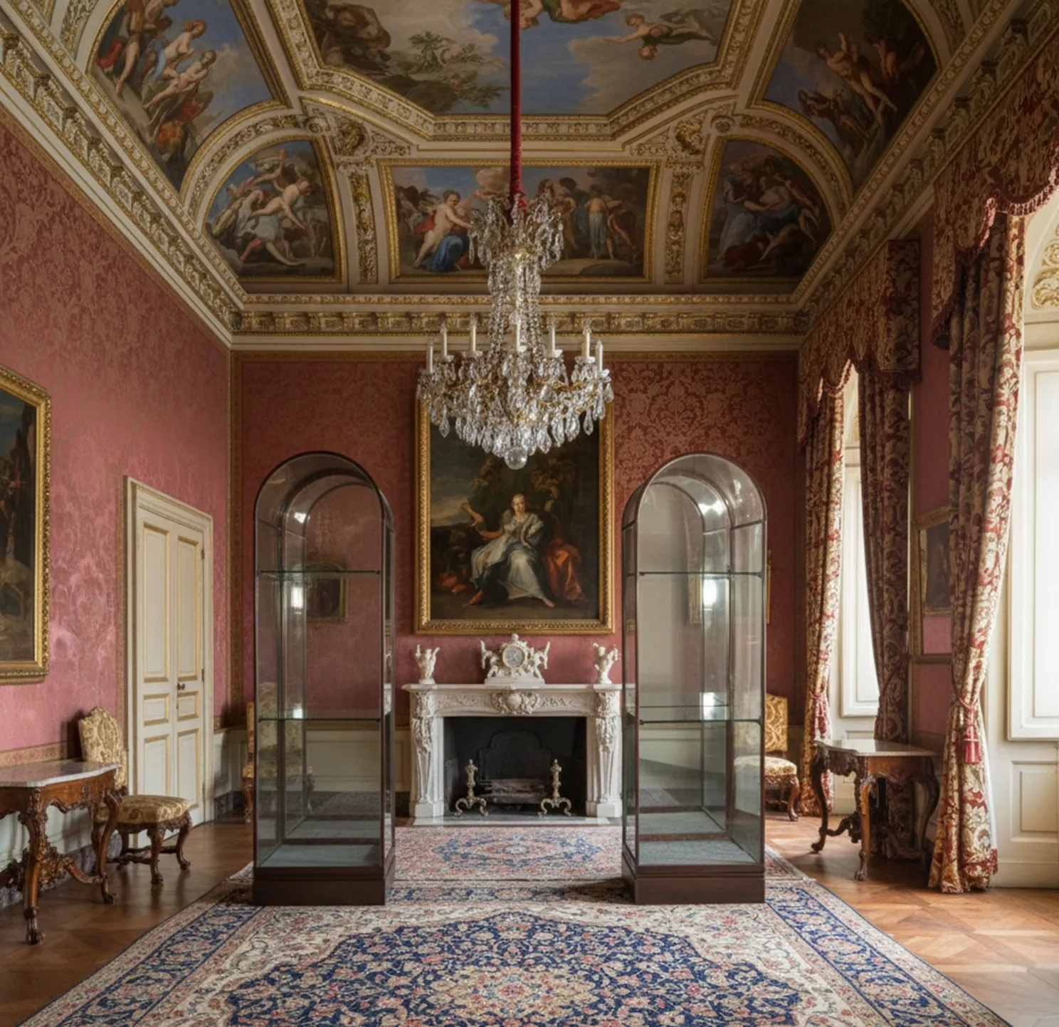 two display cabinets in an ornate room with chandelier