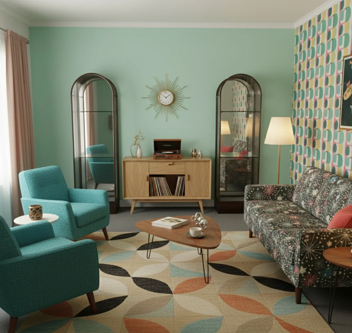 Vitrines anciennes embellissant un salon coloré.